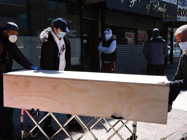 A casket of near a funeral home in New York at the height of that state’s pandemic. Picture: AFP