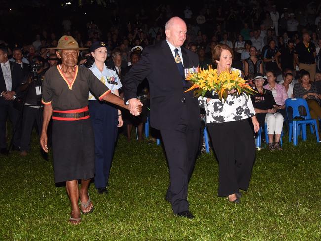 Governor General Peter Cosgrove lays at wreath at the Anzac Day dawn service at Bomana War Cemetery near Port Moresby. Picture: AAP