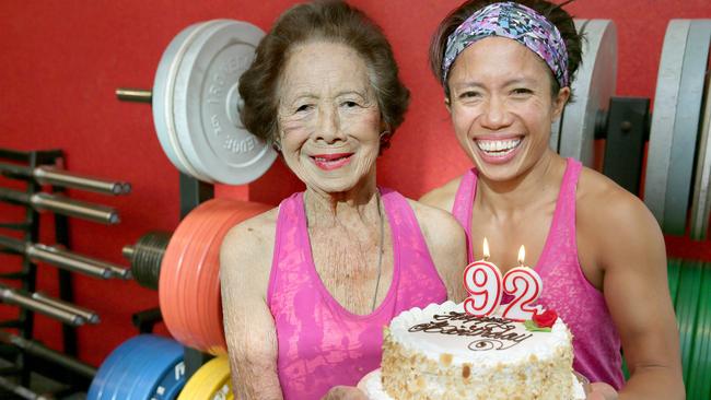 Dulcie Leedow and Zumba instructor Kathy Johnsun celebrating Dulcie’s 92nd birthday. Picture: Adam Ward