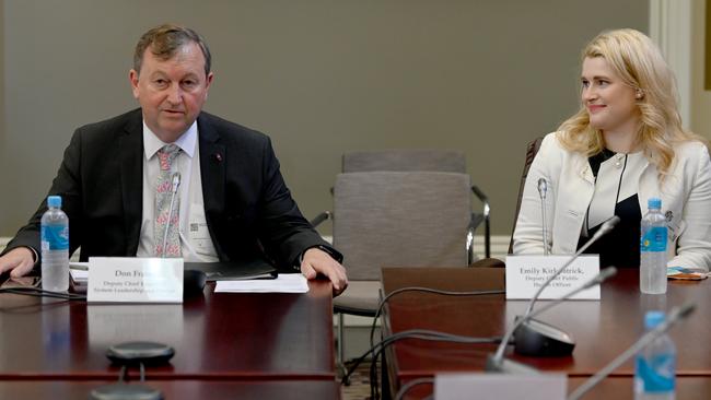 Outgoing SA Health deputy chief executive Don Frater with Dr Emily Kirkpatrick. Mr Frater will leave his role on Friday. Picture: NCA NewsWire / Naomi Jellicoe