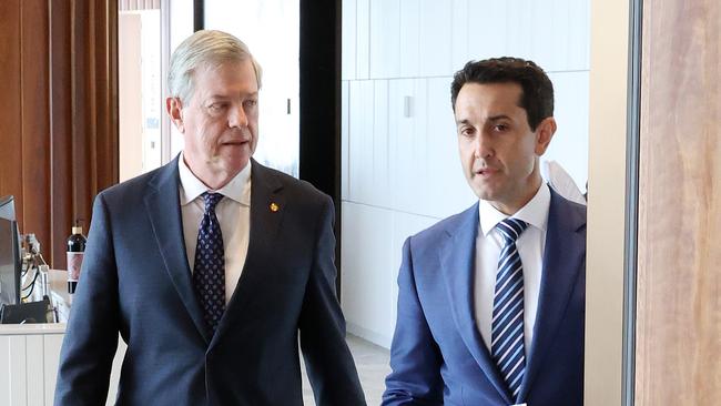 Minister for Health and Ambulance Services Tim Nicholls with Premier David Crisafulli. Picture: Liam Kidston