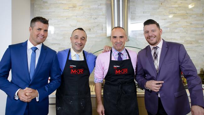 Evans with My Kitchen Rules contestants Luciano and Martino and fellow MKR judge Manu Feildel. Picture: Supplied/Seven