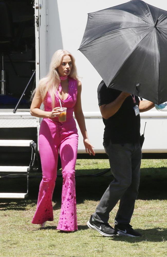 Margot Robbie is spotted for the first time on set in costume as Barbie, in Los Angeles. Picture: The Image Direct