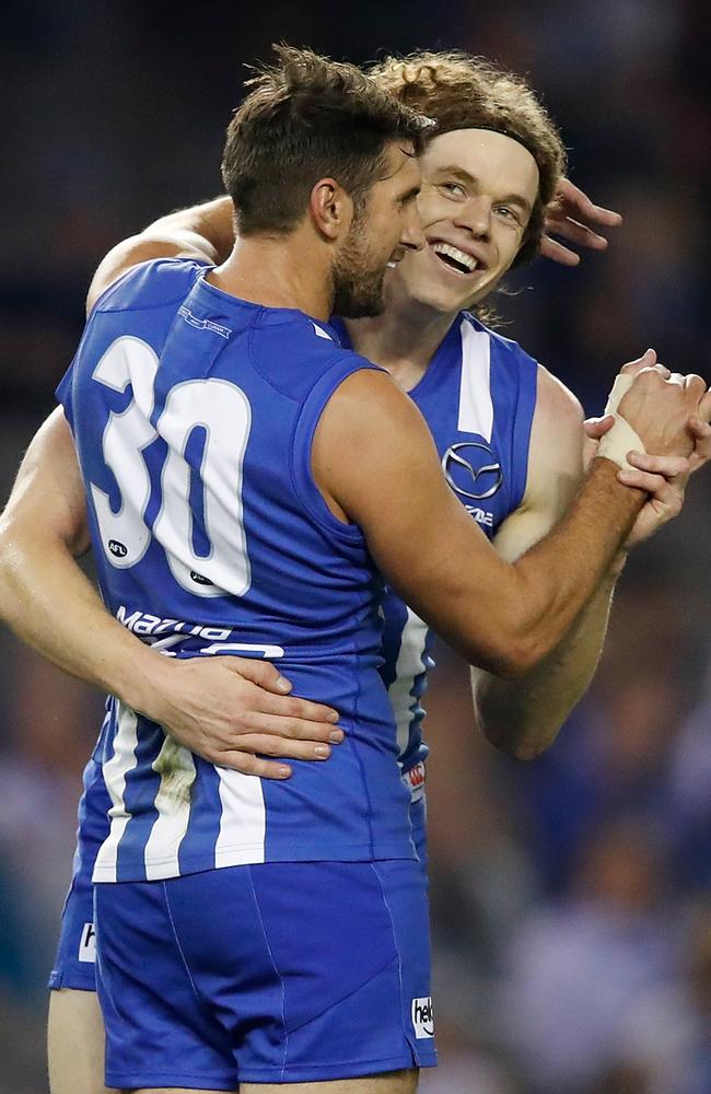 Kangaroos forwards Ben Brown and Jarrad Waite celebrate a goal. Picture: Adam Trafford/AFL Media/Getty Images