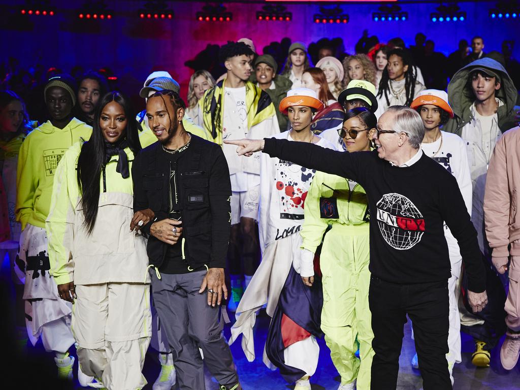 The finale! Naomi Campbell, Lewis Hamilton, H.E.R and Tommy Hilfiger take a bow a the Tate Modern in London. Picture: Getty Images for Tommy Hilfiger