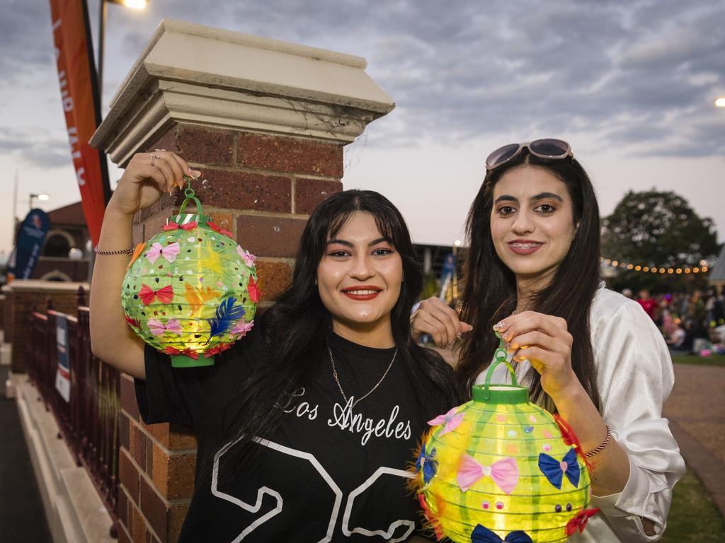 Raghda Alkhago (left) and Majida Bishar at Multicultural Australias Luminous Lantern Parade in the grounds of Empire Theatres, Saturday, August 12, 2023. Picture: Kevin Farmer