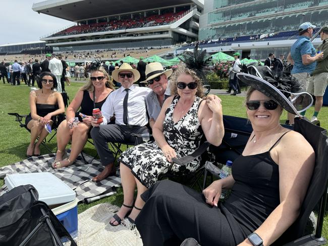 V B, Rach Jeffery, Glenn Jeffery, Les Dean, Joanne Dean and Kerryanne Reddrop at Flemington for Derby Day on November 2, 2024. Picture: Phillippa Butt