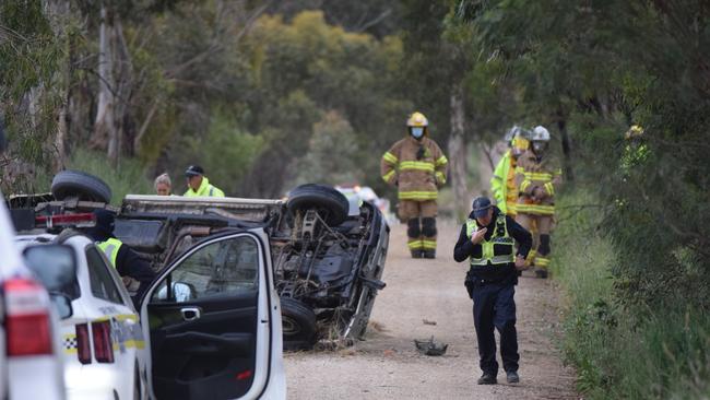 Emergency services at the scene of a fatal crash at Angaston. Picture: Jason Katsaras