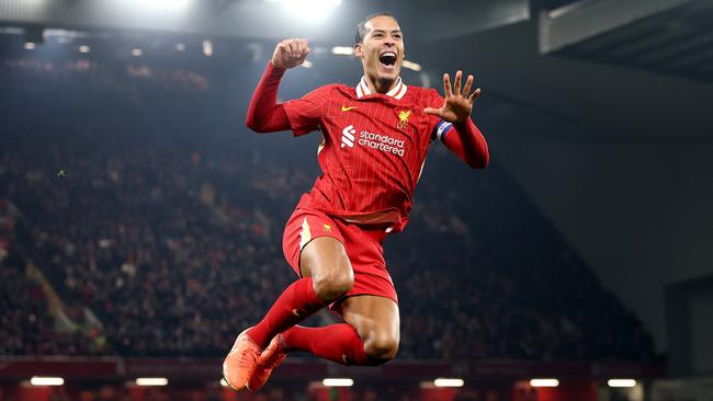 LIVERPOOL, ENGLAND - FEBRUARY 06: Virgil van Dijk of Liverpool celebrates scoring his team's fourth goal during the Carabao Cup Semi Final Second Leg match between Liverpool and Tottenham Hotspur at Anfield on February 06, 2025 in Liverpool, England. (Photo by Carl Recine/Getty Images)