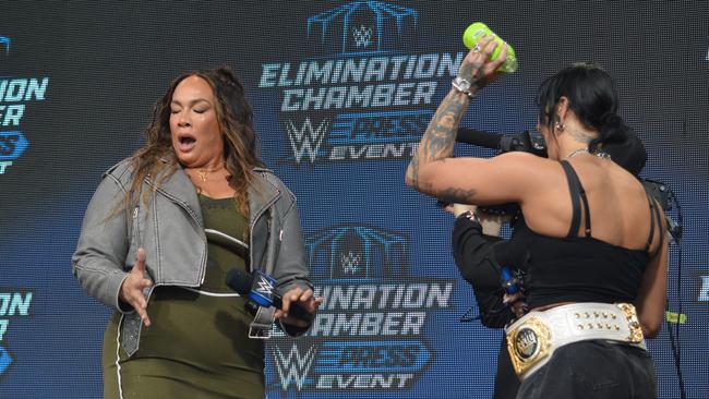 Nia Jax was doused in a bottle of Prime at the end of the showdown. Picture: Sam Gironda