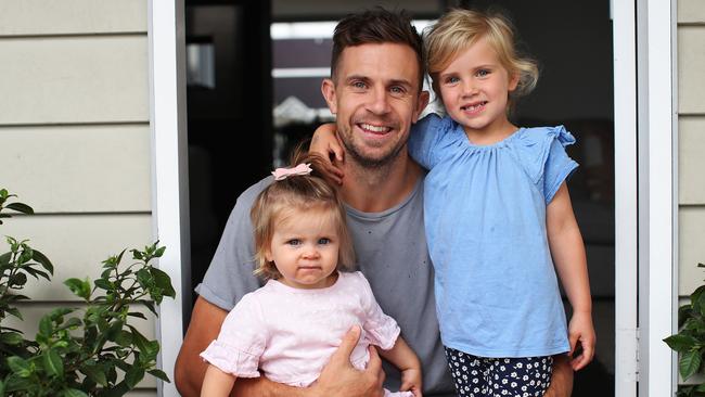 Brett Deledio with his children Charlotte and Miller. Deledio has suffered another soft-tissue injury but life events have given him new perspective on footy. Picture. Phil Hillyard