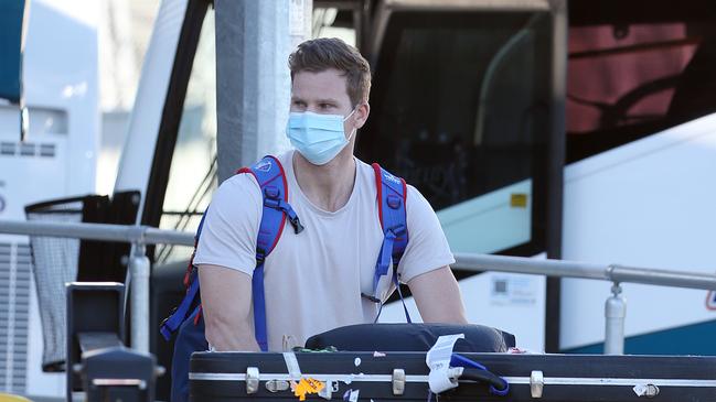 Steve Smith arrives back in Australia from The Maldives after the IPL was shut down. Picture: Matrix Media Group