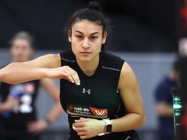 MELBOURNE, AUSTRALIA - OCTOBER 02: Alana Barba completes the agility test during the 2019 AFLW Draft Combine at Margaret Court Arena on October 02, 2019 in Melbourne, Australia. (Photo by Dylan Burns/AFL Photos via Getty Images)