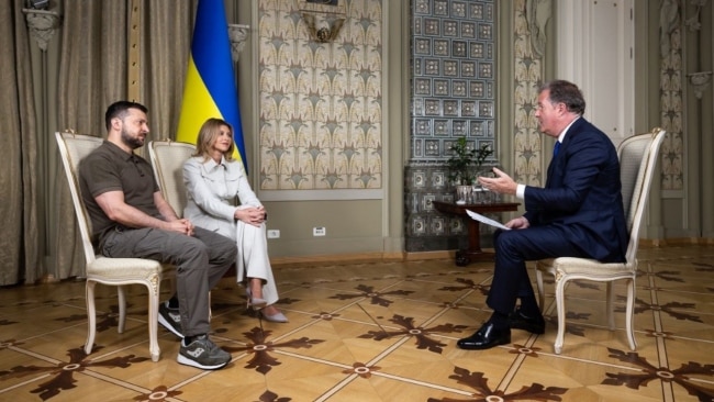 Ukrainian President Volodymyr Zelensky and first lady Olena Zelenska spoke with Piers Morgan for his show "Piers Morgan Uncensored". It was the couple's first international televised interview together. Picture: Sky News Australia