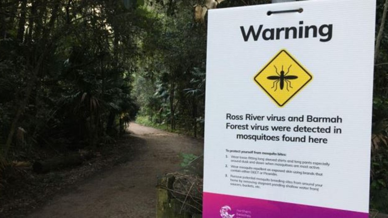 Northern Beaches Council has installed mosquito warning signs around Narrabeen Lagoon and the Warriewood Wetlands to alert people to take precautions against catching debilitating viruses. Picture: NSW Health