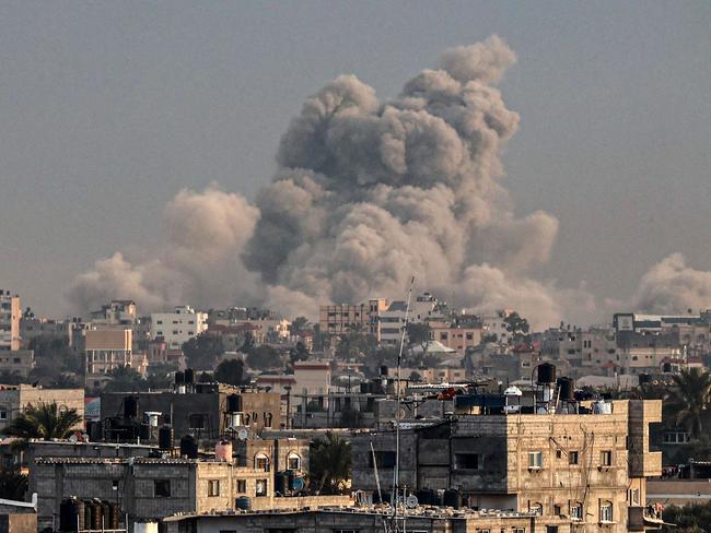 This photograph taken on January 15, 2024 from Rafah shows smoke billowing over Khan Yunis in the southern Gaza Strip during Israeli bombardment. Picture: AFP