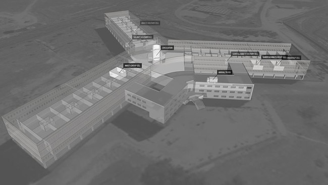 A graphic recreation of the enormous Sednaya Prison facility by Amnesty International.