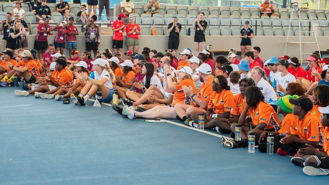 Ash Barty joined Evonne Goolagong Cawley to surprise hundreds of kids at the National Indigenous Tennis Carnival. Picture: Pema Tamang Pakhrin