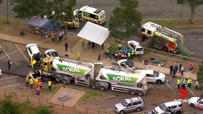 The rest area near Menangle where a truck collided with parked cars. An eight-year-old girl died at the scene. Picture: Channel 7.