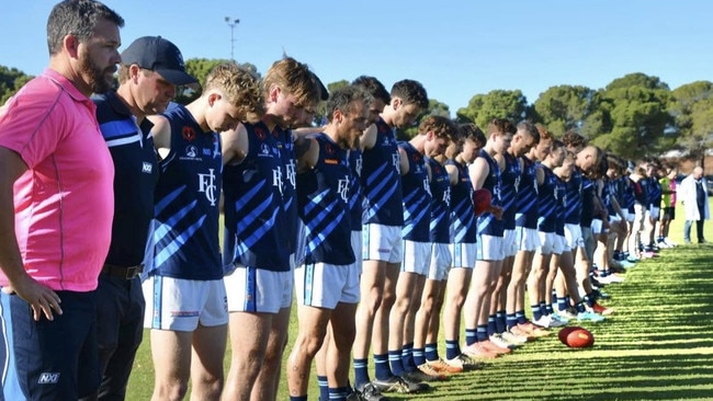 Murray Bridge Imperials and Mypolonga players pay their respects to Tyson Freund with a minute’s silence before their match. Picture: Facebook