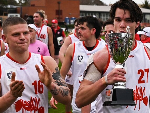 Tynan Smith and Ben Silvagni leave Piranha Park with the Battle of Bell Street Trophy, won over Coburg last year. Photo: Nathan McNeill (NWM Media).