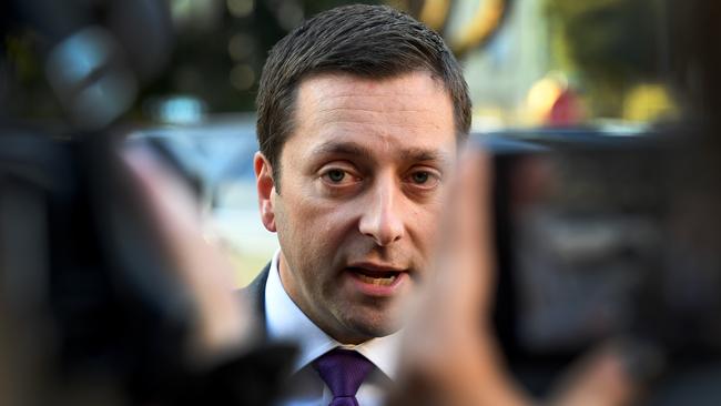 Victorian Opposition Leader Matthew Guy speaks to waiting media outside Parliament House in Melbourne this morning. Photo: AAP