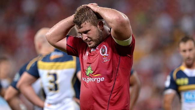 BRISBANE, AUSTRALIA - MARCH 14: James Slipper of the Reds looks dejected during the round five Super Rugby match between the Reds and the Brumbies at Suncorp Stadium on March 14, 2015 in Brisbane, Australia. (Photo by Bradley Kanaris/Getty Images)