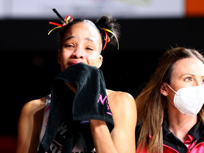 Shamera Sterling (L) was left in tears after the Thunderbirds were knocked out of finals contention in 2022. Picture: Getty Images