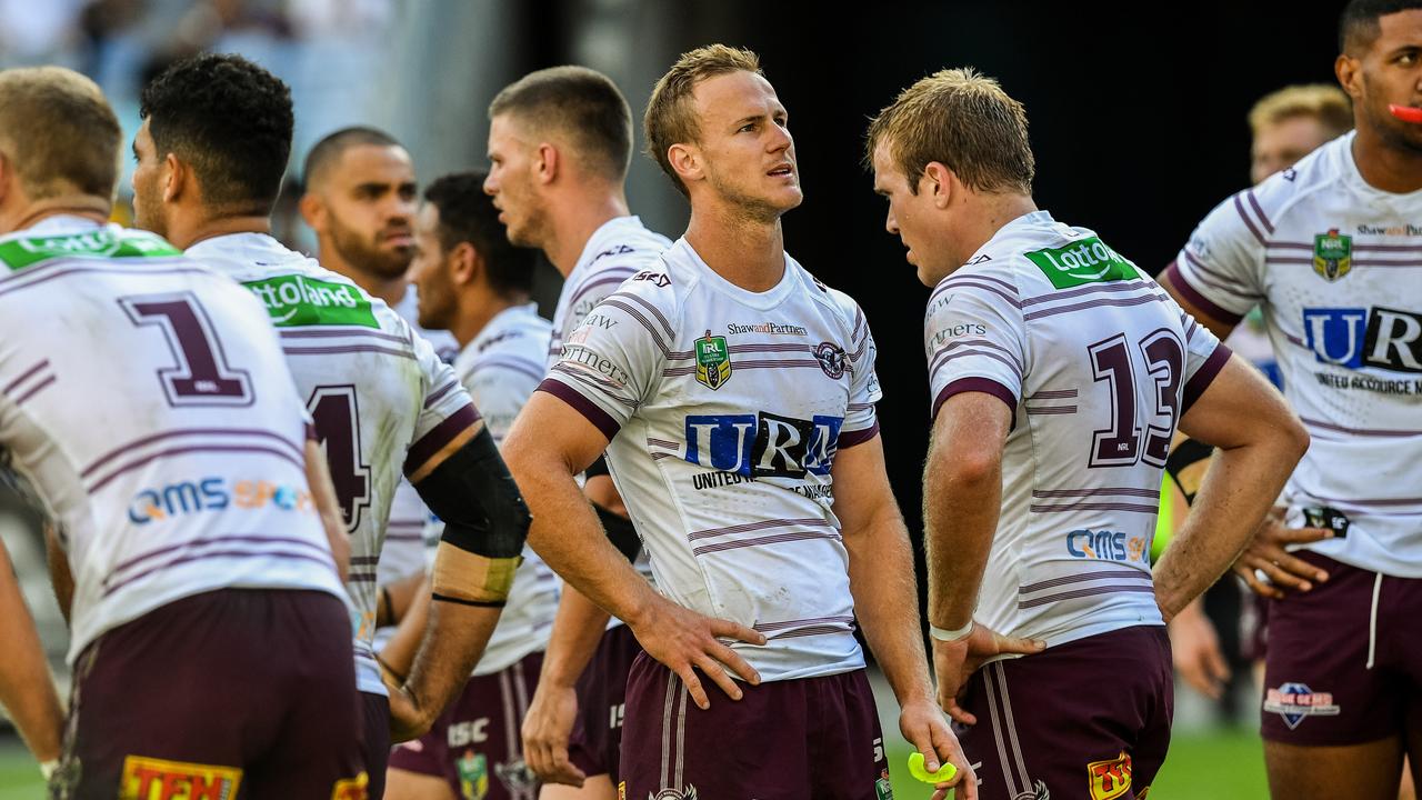 Daly Cherry-Evans (centre) reacts after another Eels try during the Round 7 NRL match between the Parramatta Eels and the Manly-Warringah Sea Eagles at ANZ Stadium in Sydney, Sunday, April 22, 2018. (AAP Image/Brendan Esposito) NO ARCHIVING, EDITORIAL USE ONLY