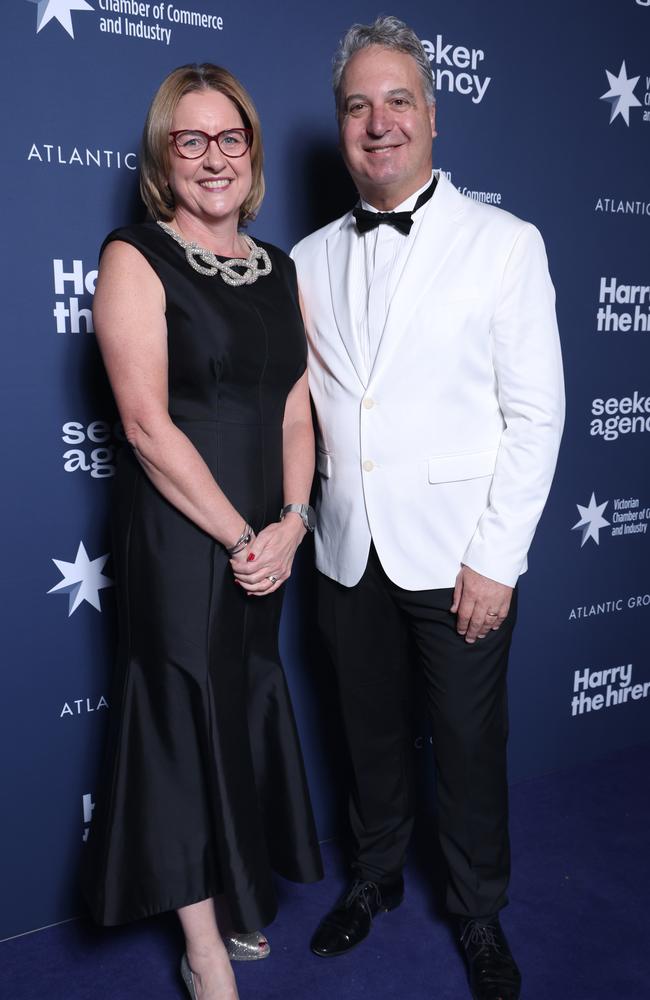 Victorian Premier Jacinta Allan and Victorian Chamber of Commerce and Industry boss Paul Guerra at Autumn Ball. Picture: David Crosling.