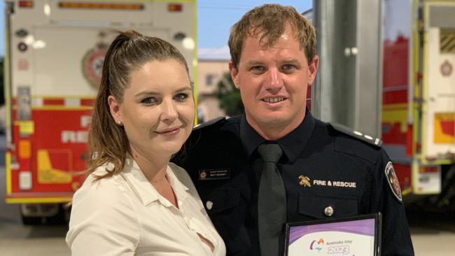 Renee and Matt Mooney at the Mackay Fire Station on January 24, 2023. Picture: Duncan Evans