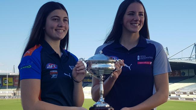 Calder Cannons captain Georgia Patrikios and Northern Knights skipper Gabby Newton with the premiership cup. Picture: Ben Higgins