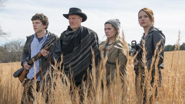 Jesse Eisenberg, Woody Harrelson, Abigail Breslin and Emma Stone in Zombieland: Double Tap.