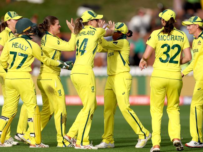 Australia celebrate a dismissal during their World Cup campaign. Picture: AFP