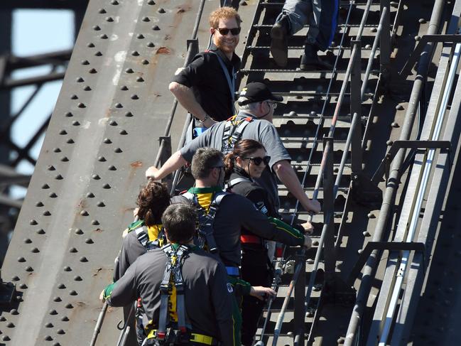 Prince Harry and PM Scott Morrison climb the Sydney Harbour Bridge. Picture: AFP