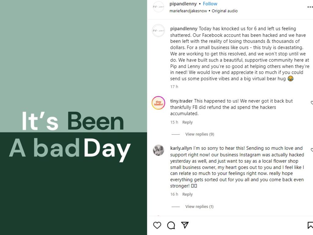 Baby business Pip and Lenny has been hacked and all of its profits drained. Picture: Instagram