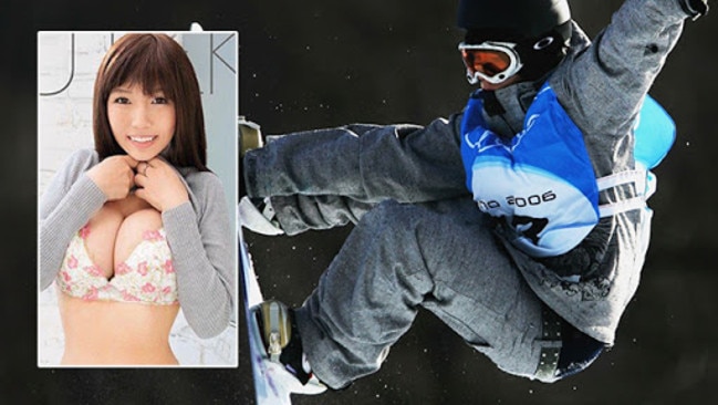 Melo Imai prepares for the 2006 Winter Olympics and inset, smiles on the cover of her pornographic film Snow Drop.