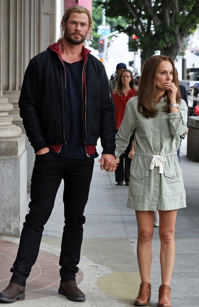 Chris Hemsworth and Natalie Portman hold hands on the set of Thor: Love and Thunder. Picture: P&amp;P/The Mega Agency