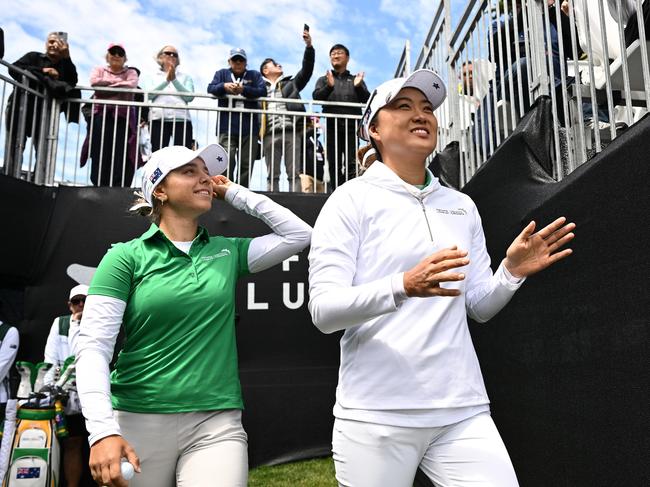 SAN FRANCISCO, CALIFORNIA - MAY 04: Stephanie Kyriacou (L) and Minjee Lee (R) of Team Australia approach the first tee during day one of the Hanwha LIFEPLUS International Crown at TPC Harding Park on May 04, 2023 in San Francisco, California. (Photo by Orlando Ramirez/Getty Images)