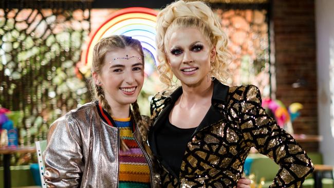 Transgender activist Georgie Stone on set with Courtney Act. Picture: Channel 10