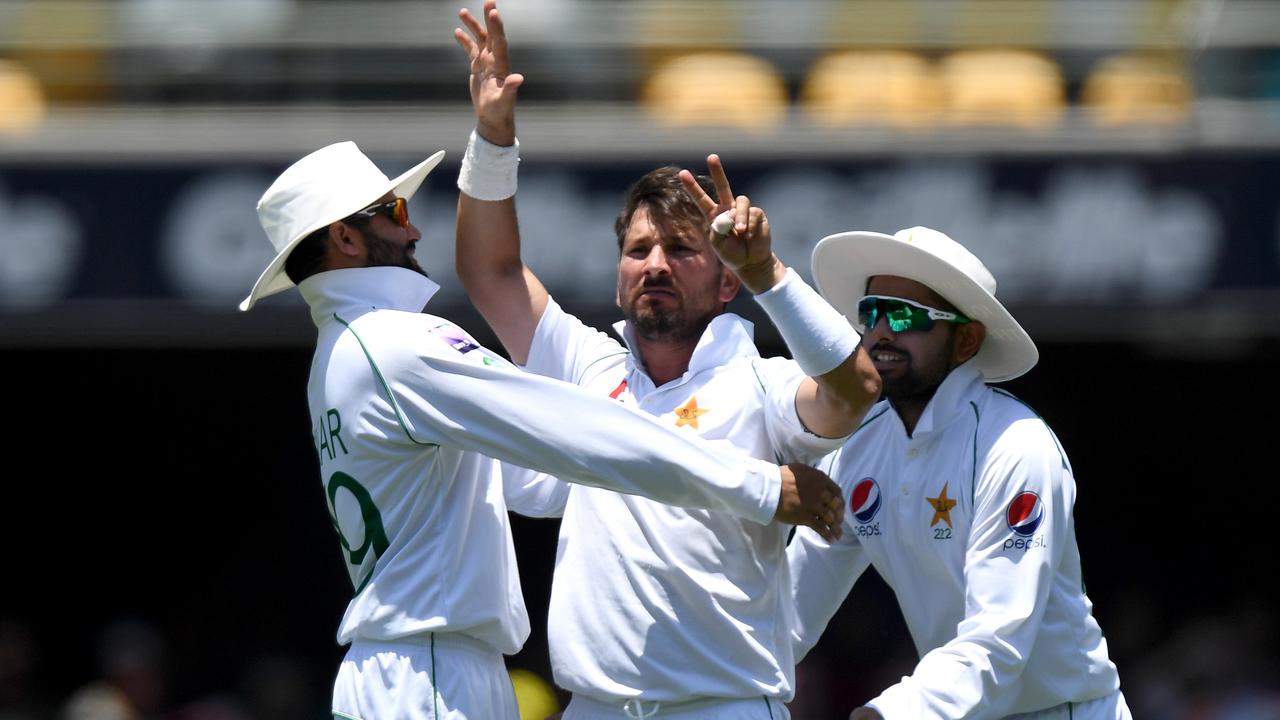 Yasir Shah celebrates with his seven-finger salute after dismissing Steve Smith.
