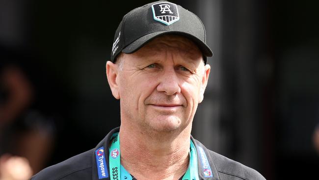 Port Adelaide coach Ken Hinkley was a happy man after the club’s pre-season win against Brisbane in Queensland. Picture: Chris Hyde (AFL Photos/Getty Images).