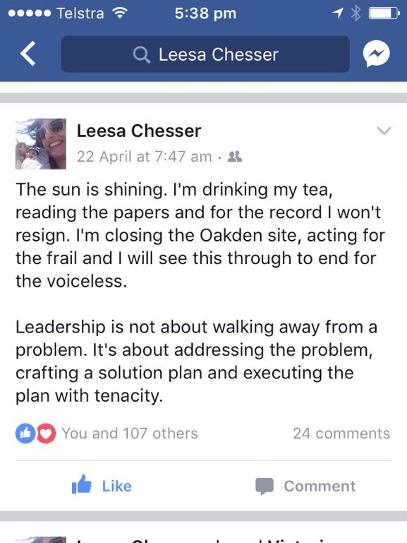 One of Leesa Vlahos’ Facebook posts during the time the Oakden scandal was breaking. Picture: Facebook