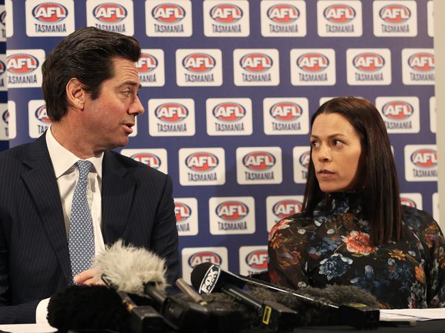 AFL CEO Gillon McLachlan and AFL Tasmania CEO Trisha Squires at the release of the AFL steering committee’s report into the state of football in Tasmania. Picture: LUKE BOWDEN