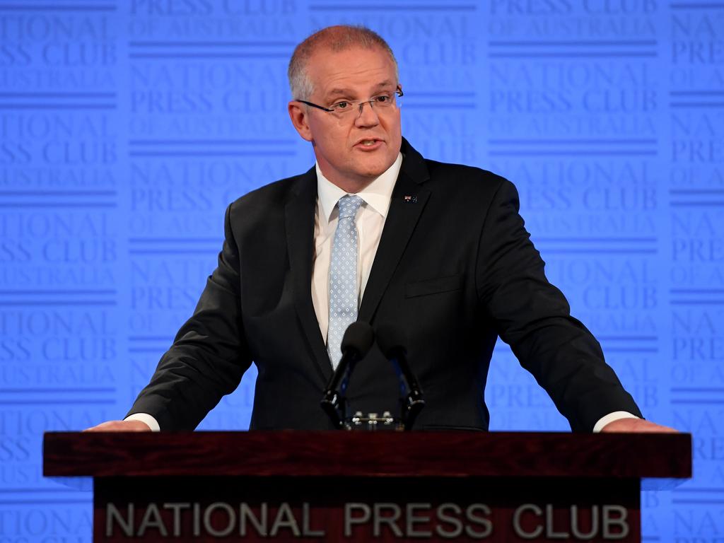 Prime Minister Scott Morrison fields questions from journalists at the National Press Club lunch today. Picture: Tracey Nearmy/Getty Images