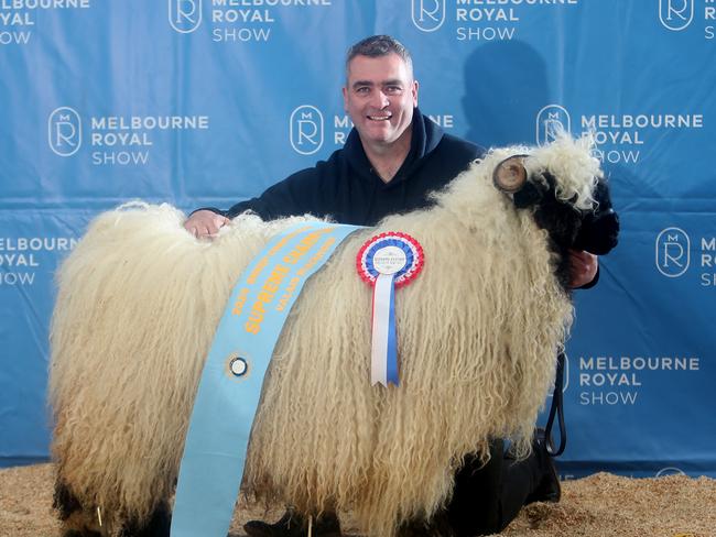 Shane Carey from Ballarat with his Valais Blacknose Supreme Champion Ewe. Picture: Yuri Kouzmin