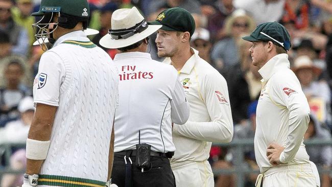 Cameron Bancroft is quizzed by the umpires during the third Test. Picture: Halden Krog