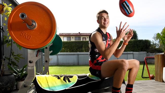 West Adelaide’s Riley Thilthorpe in his backyard gym during the shutdown period. Picture: Tricia Watkinson