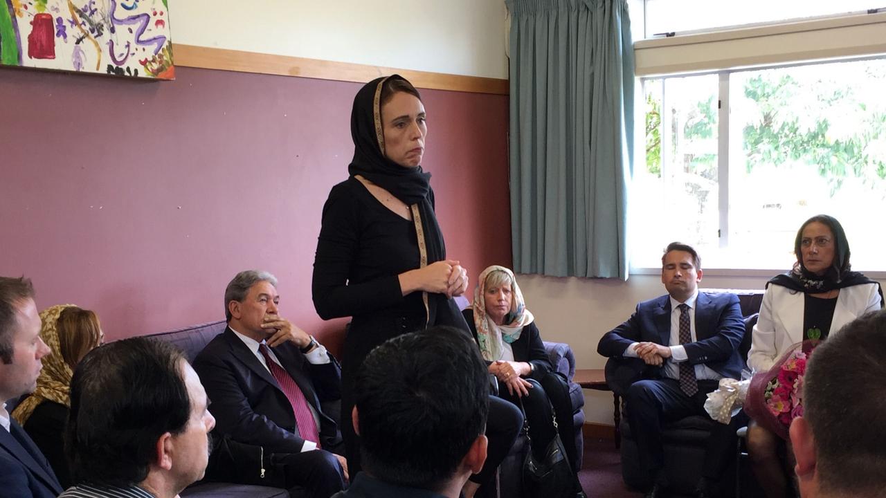 Jacinda Ardern dressed in black and covered her head as she visited a refugee centre this afternoon. Picture: New Zealand Herald