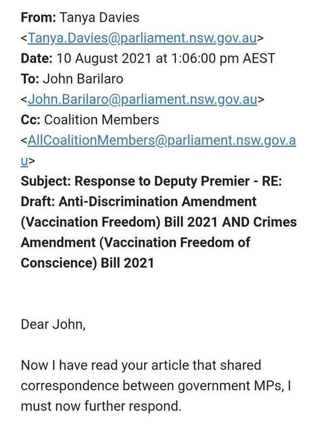 NSW Liberal MP Tanya Davies' leaked email